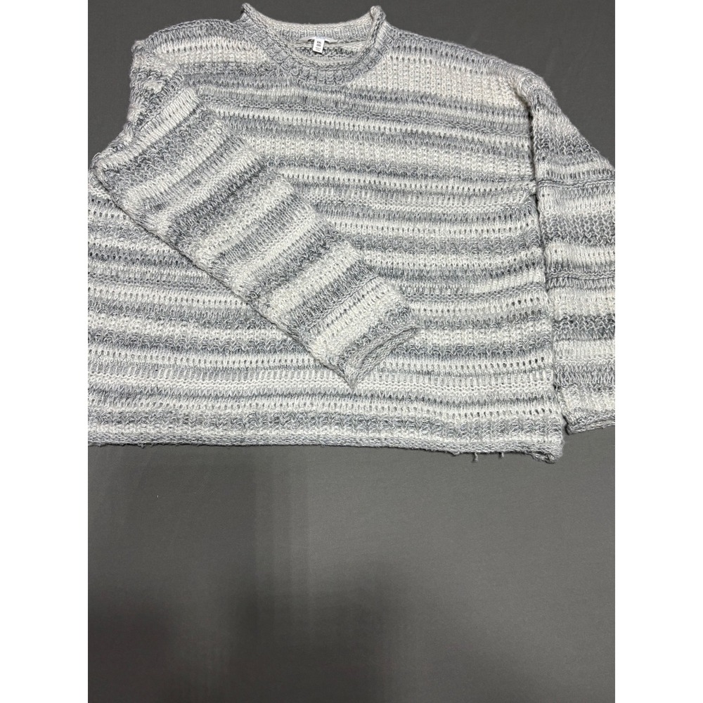 Time and Tru Womens XXL Grey White Striped Open Stitch Knit Crewneck Sweater